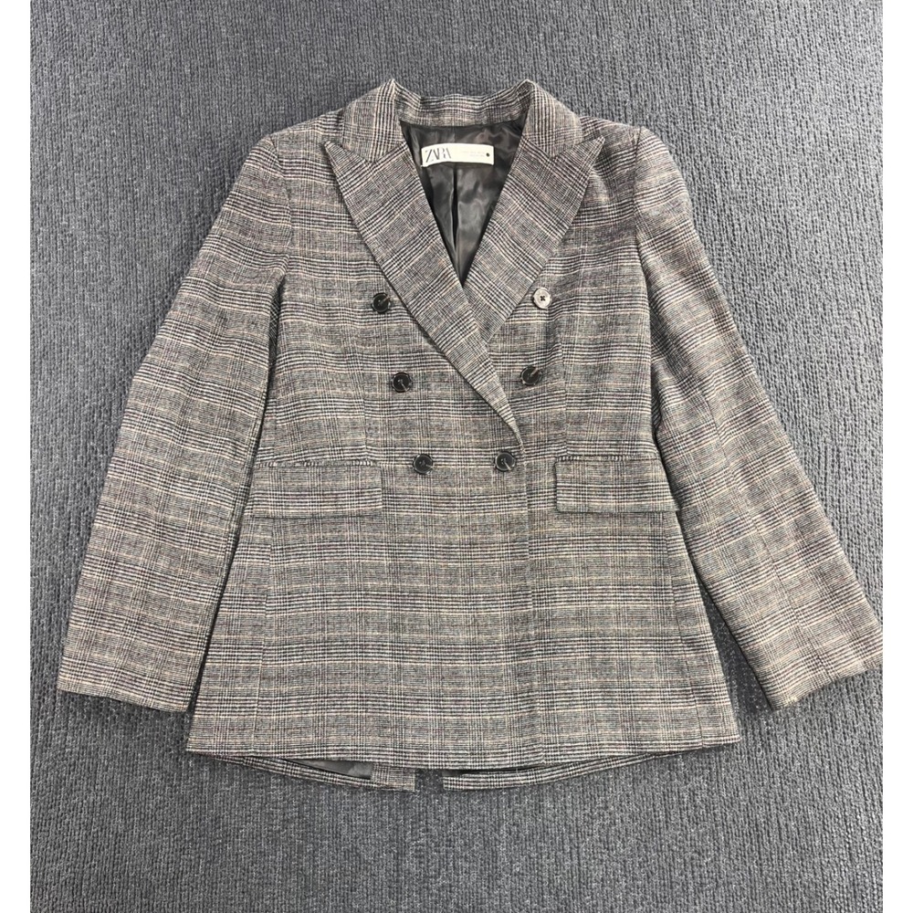 Zara Women Brown Plaid Double Breasted Blazer Jacket Peaked Lapel Size S‎